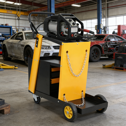 Multi-function welder trolley, MIG TIG ARC plasma cutter storage tank with 2 safety chains, portable 4-drawer chest, weight 280 LBS
