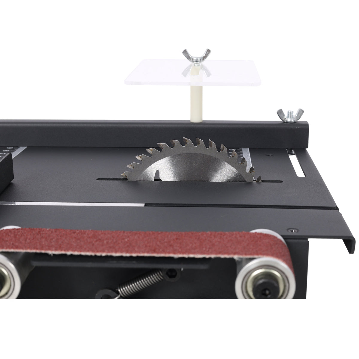 Mini Table Saw, Belt Sander, 4pcs Blades, 10pcs Sanding Blet, 7 Gear Adjustable 0-90° Angle, Available for Wood/PCB/Acrylic/Plastic