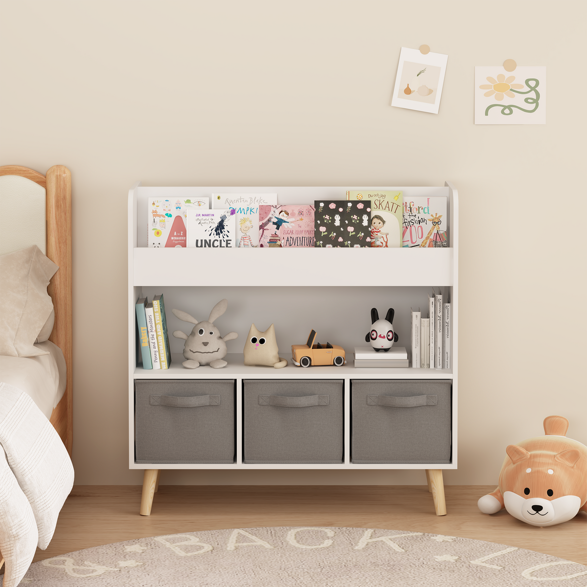 Kids Bookshelf with 3 Fabric Bins, Modern Children's Bookcase with Storage for Toys and Books, Toddler Book Organizer Shelf for Playroom, Bedroom, or Nursery, White and Gray