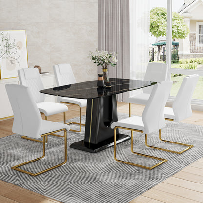 Table and chair set, minimalist dining table, imitation marble patterned glass tabletop, MDF legs with U-shaped brackets. Paired with comfortable chairs, suitable for dining and living rooms.