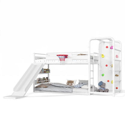 Twin size metal loft/bunk bed with basketball hoop, pull-up rings, climbing wall, and built-in bookshelves. Playful children's design featuring a slide,White.
