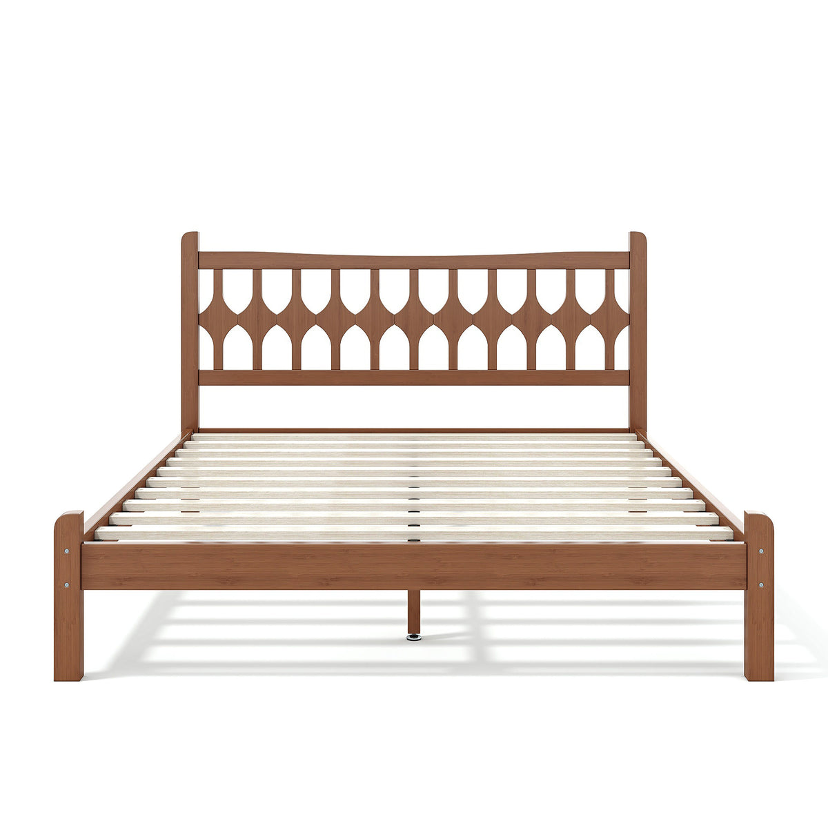 Queen Size Bamboo Platform Bed with Diamond-shaped headboard, Solid Bamboo-made Bed Frame with Support Slats, for Bedroom, Guest Rooms, Brown