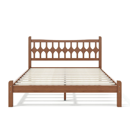 Queen Size Bamboo Platform Bed with Diamond-shaped headboard, Solid Bamboo-made Bed Frame with Support Slats, for Bedroom, Guest Rooms, Brown