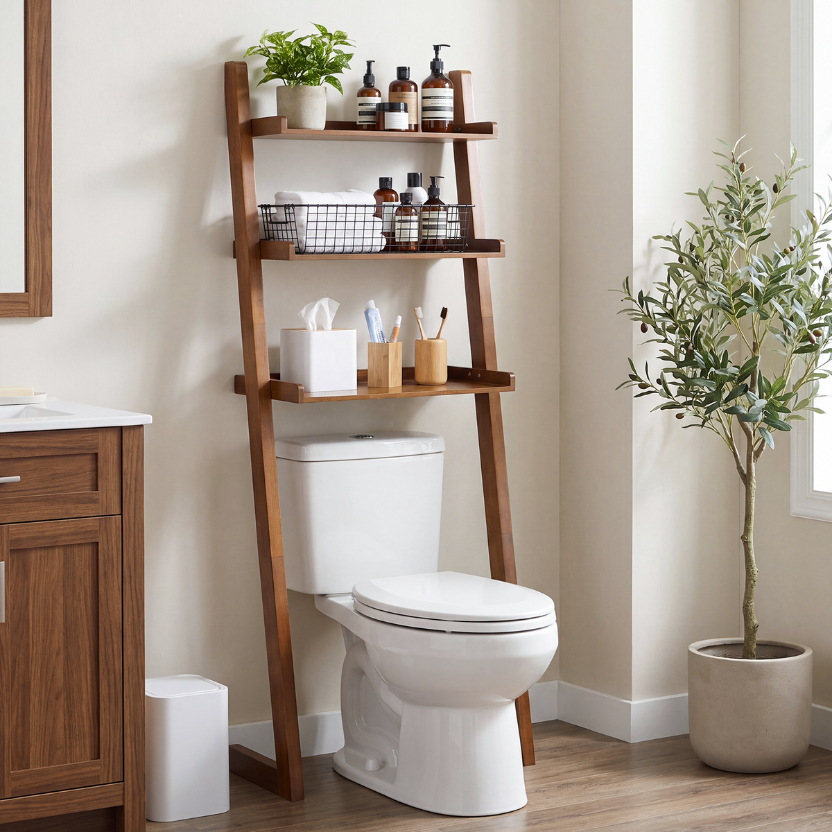 Solid Wood Over The Toilet Storage Shelf,3-Tier Freestanding Wood Bathroom Above Toilet Organizer Leaning Ladder Rack, Space Saver for Bathroom & Laundry Room,Walnut