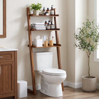 Solid Wood Over The Toilet Storage Shelf,3-Tier Freestanding Wood Bathroom Above Toilet Organizer Leaning Ladder Rack, Space Saver for Bathroom & Laundry Room,Walnut
