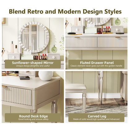 Luxury Vanity Desk with Round Mirror,Height-Adjustable, Stylish Dressing Table Set, 4 Drawers & Stool, Champagne