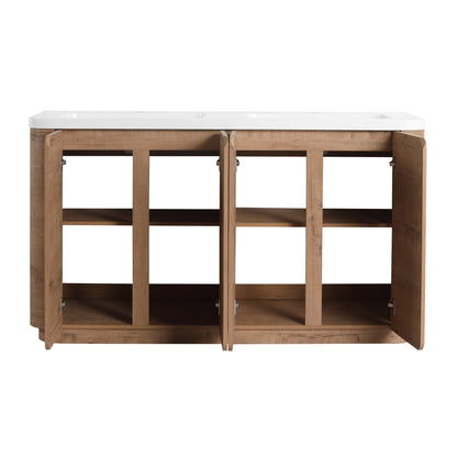 60'' Freestanding Bathroom Vanity with White Resin Sink, 4-Soft-Close Door, KD-Packing, Plywood, Imitative Oak