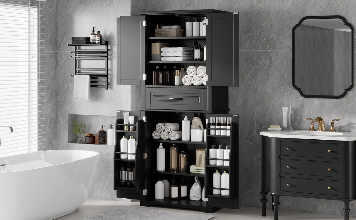 [Video] Bathroom Storage Cabinet with Multi-Functional Storage Space, Drawer with Slide Rails, Adjustable Shelf, Black