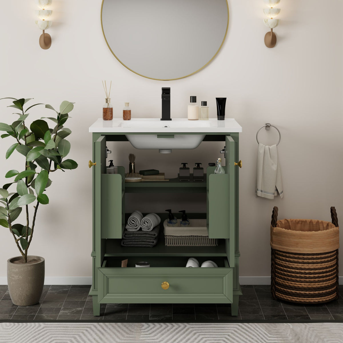 27.8" Modern Bathroom Vanity Set with Reinforced Legs & Painted Surface, Mid-Century Freestanding Bathroom Vanity Sink with Storage, High-end Restroom Vanity Cabinet with Drawer& Hidden Storage Shelvs
