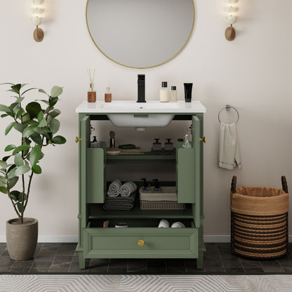 27.8" Modern Bathroom Vanity Set with Reinforced Legs & Painted Surface, Mid-Century Freestanding Bathroom Vanity Sink with Storage, High-end Restroom Vanity Cabinet with Drawer& Hidden Storage Shelvs