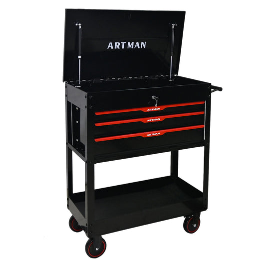 3 DRAWERS MULTIFUNCTIONAL TOOL CART WITH WHEELS AND STEEL TOP--BLACK&RED