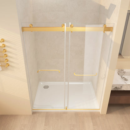 Frameless Sliding Glass Shower Doors 56-60" Width x 76"Height with 3/8"(10mm) Clear Tempered Glass, Brushed Gold