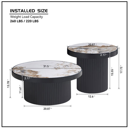 Set of 2 Coffee Table,MDF Round Coffee Table Sintered Stone Tabletop for Living Room Apartment,Leisure Area BLACK