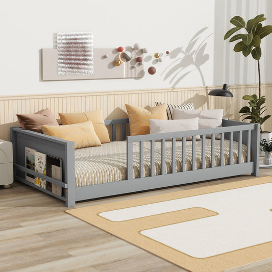Twin size Floor Platform Bed with Built-in Book Rack,Grey(Old Sku:W504P143306)