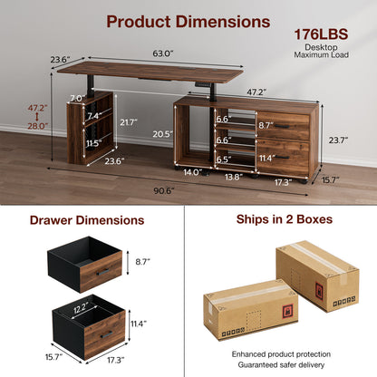 63' L-Shaped Electric Standing Desk with Drawers, Power Outlet & Storage, Height Adjustable Corner Desk with Monitor Stand and Cable Management