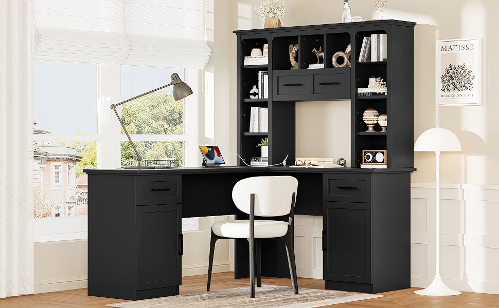 L-shaped computer desk with 2 cabinets and 2 drawers underneath the table