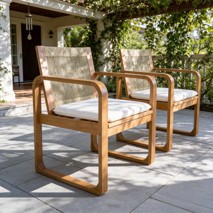 2-Piece Outdoor Dining Chairs Set: Acacia Wood with Multi Brown Rope Back & Beige Cushion, Water Repellent Fabric, 400 lbs Capacity, Light Teak Finish