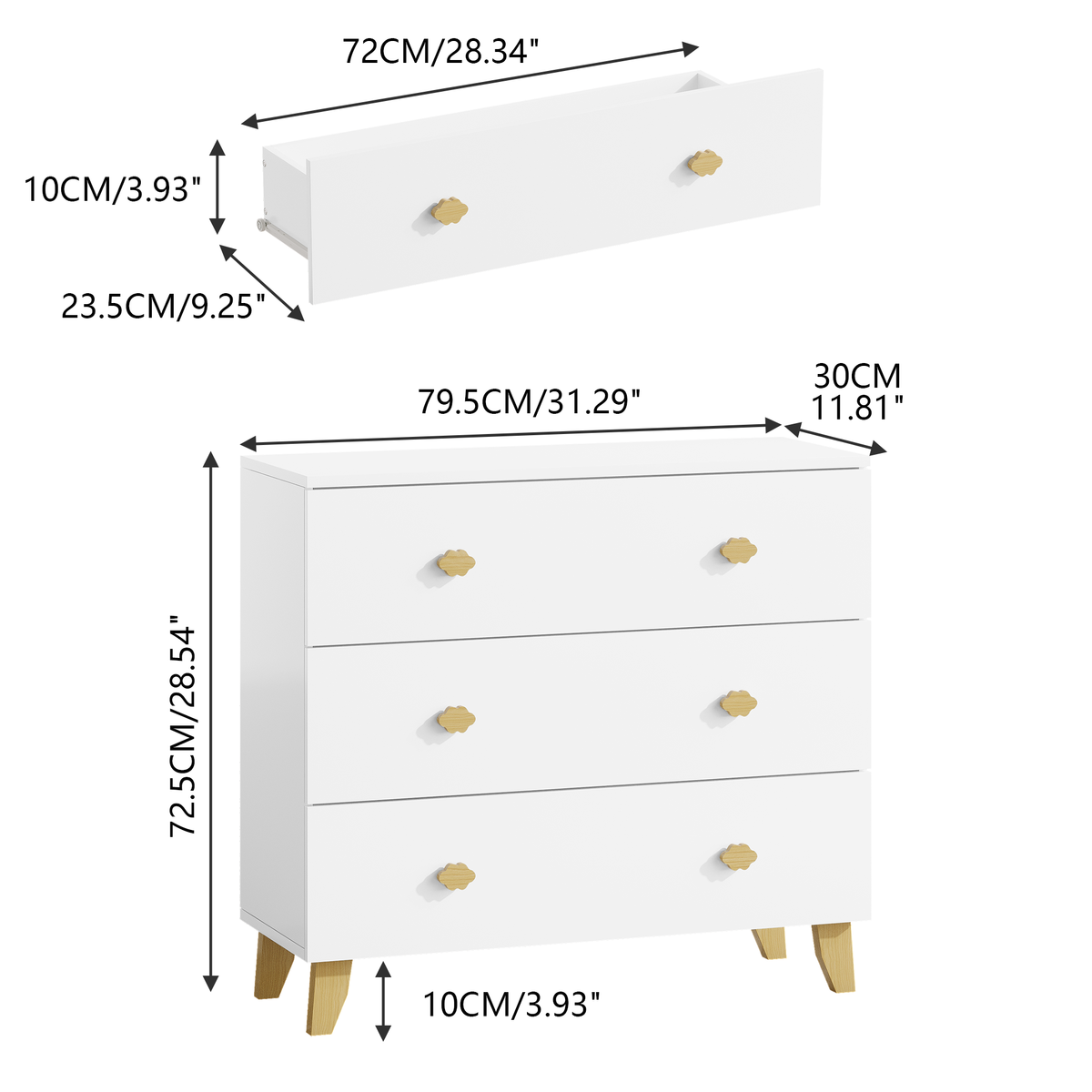 Kids Dresser with 3 Drawers, Wooden Cloud Handles & Pine Legs, MDF Chest of Drawers for Kids Room, Nursery Storage Cabinet, White