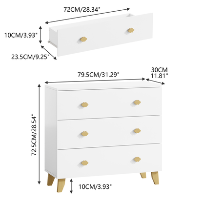 Kids Dresser with 3 Drawers, Wooden Cloud Handles & Pine Legs, MDF Chest of Drawers for Kids Room, Nursery Storage Cabinet, White
