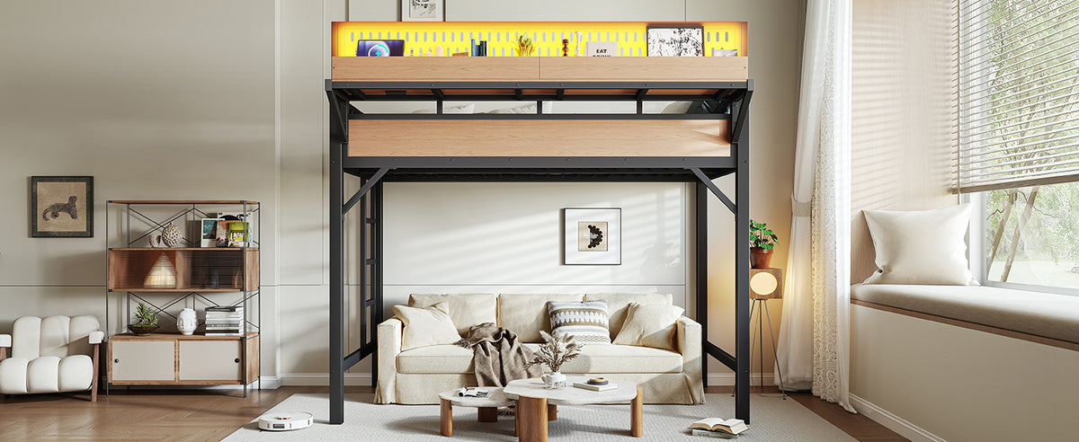 Twin XL size Loft Bed Frame with Storage Shelves and Pegboard, Metal Loft Bed with USB Ports and LED Lights, Safe and Sturdy, Natural