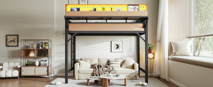 Twin XL size Loft Bed Frame with Storage Shelves and Pegboard, Metal Loft Bed with USB Ports and LED Lights, Safe and Sturdy, Natural