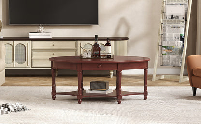 Vintage Oval Coffee Table with Drawer and Storage Shelf, Antique Cocktail Table in 45", French Country Accent Table for Living Room, Cherry (old sku: N735P277388)