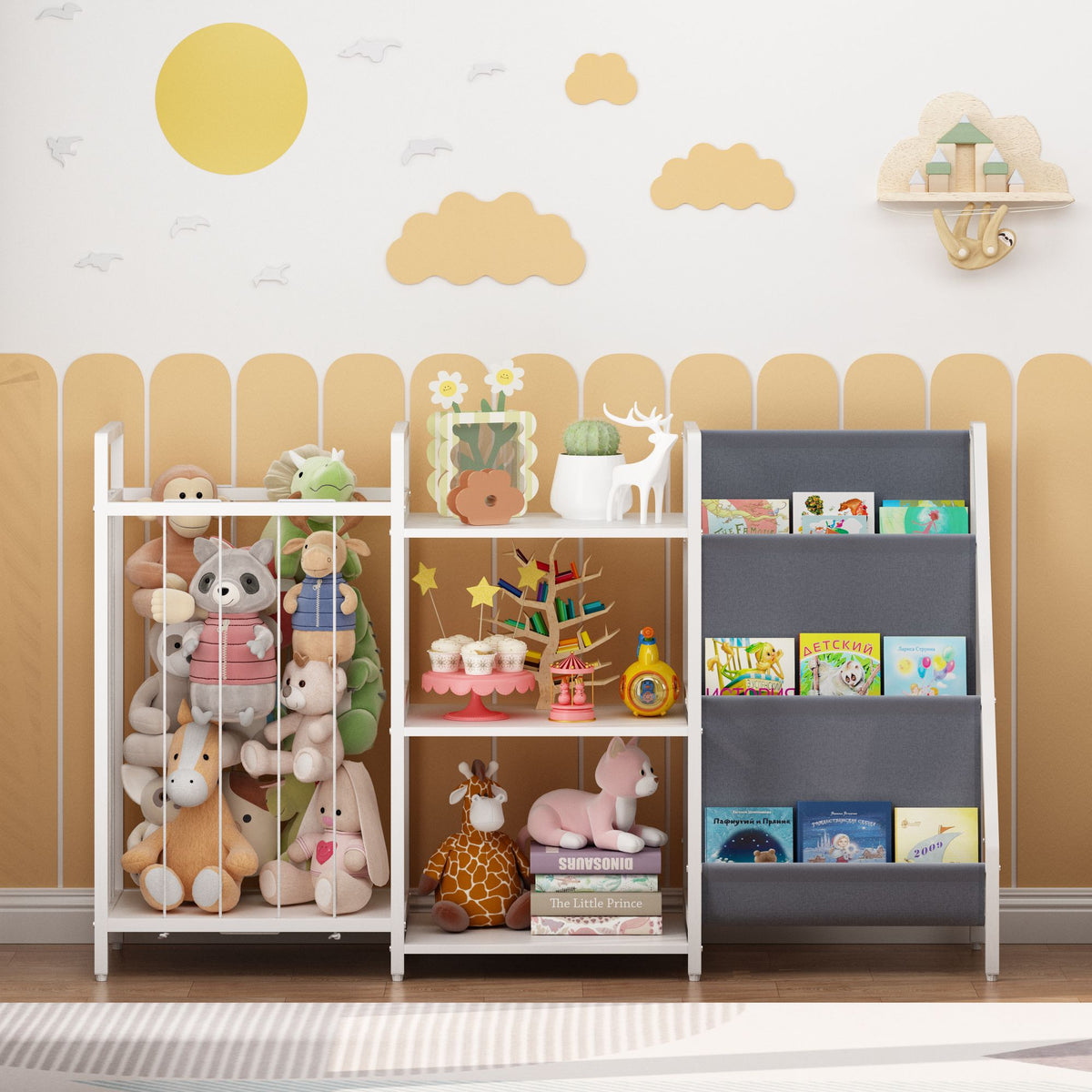 Kids Bookshelf and Toy Storage, 3-in-1 Book Shelf for Kids Rooms, Sling Baby Bookcase with Stuffed Animal Storage, Toddler Montessori Bookshelf for Nursery, Playroom, Kindergarten, Gray