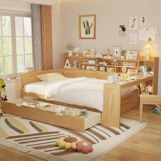 Wooden Full Size Daybed with Storage Shelves, Multi-functional Bed with Two Storage Drawers and  Study Desk, Natural (Old SKU: HL000089AAM)