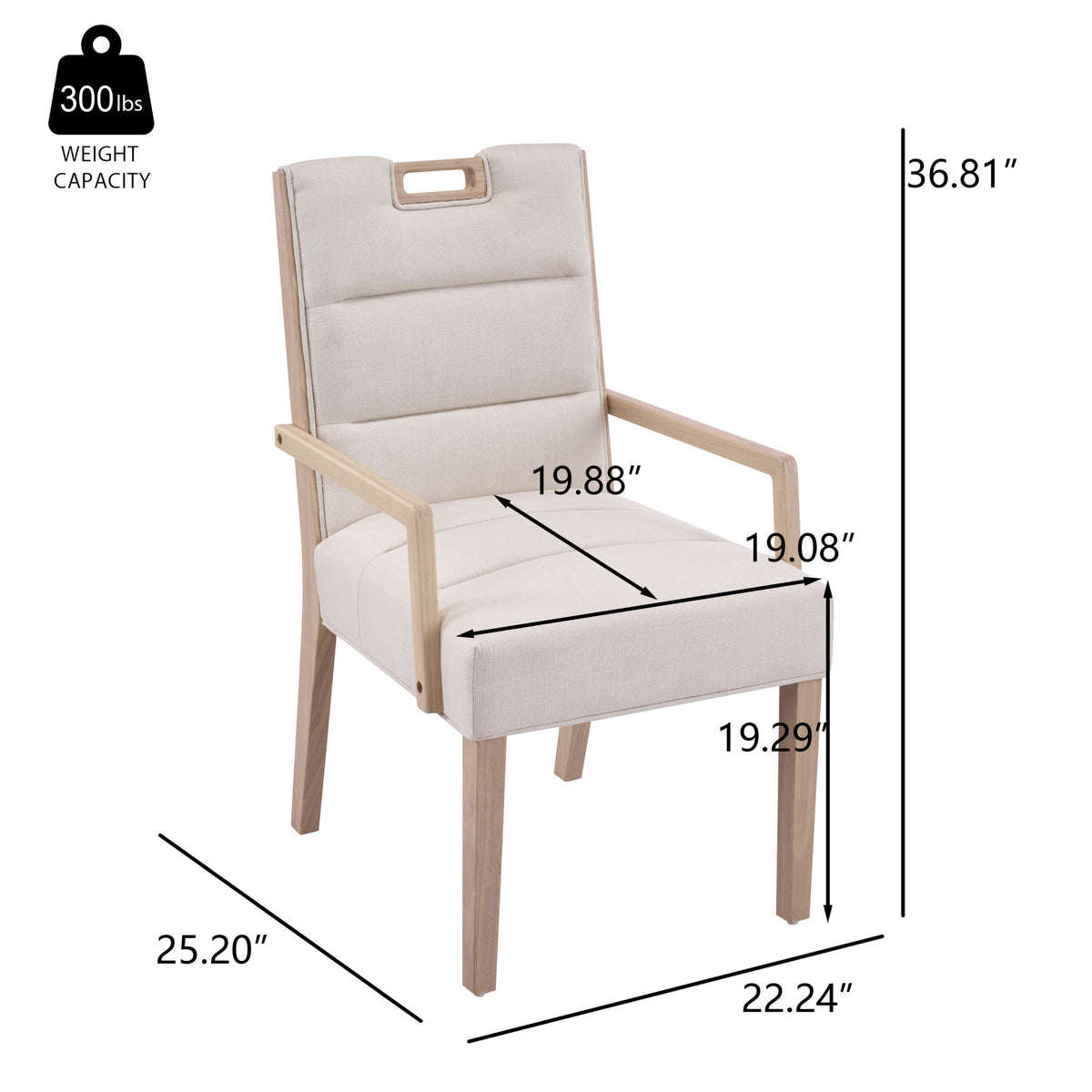 Upholstered Dining Chairs with Armrests, Beige Fabric & Natural Rubber Wood Frame, Set of 2