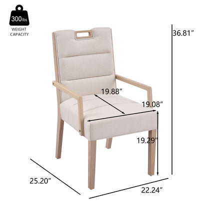 Upholstered Dining Chairs with Armrests, Beige Fabric & Natural Rubber Wood Frame, Set of 2
