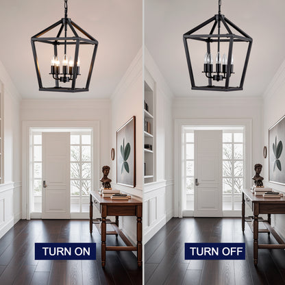 Farmhouse Lantern Chandelier 5-Light, Industrial Black Ceiling Light Fixture with Rustic Open Cage and Adjustable Hanging Height
