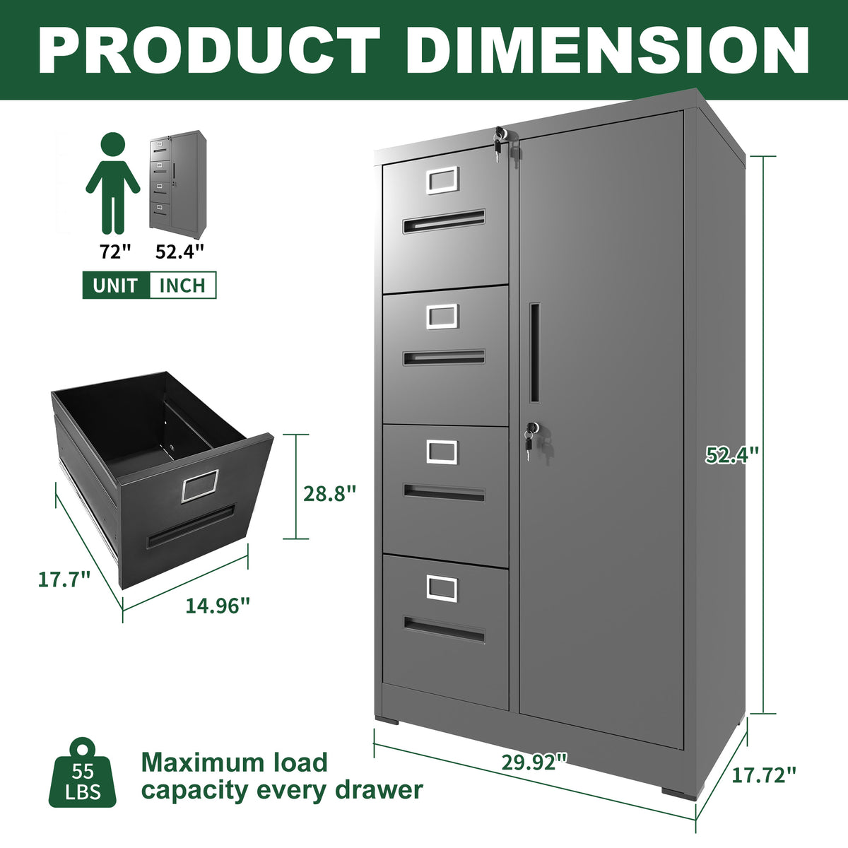 Metal Storage Vertical Filing Cabinet with Lock, Steel File Locker with 4 Drawers and 1 door for School, Living Room, Bedroom, Office (Black)