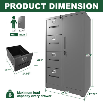 Metal Storage Vertical Filing Cabinet with Lock, Steel File Locker with 4 Drawers and 1 door for School, Living Room, Bedroom, Office (Black)