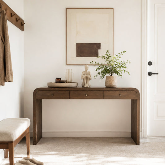 Dark Brown Curved Design 3-Drawer Long Console Table,  Entryway Sofa Table with Gold Pull Handles, Storage Accent Table for Living Room Hallway Foyer