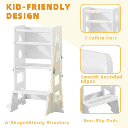 4-in-1 Toddler Kitchen Step Stool,Foldable Learning Standing Tower with Blackboard, Wooden Kitchen Stool Helper for Kids, 1-3 Year Old Boy Girl Gifts(White)