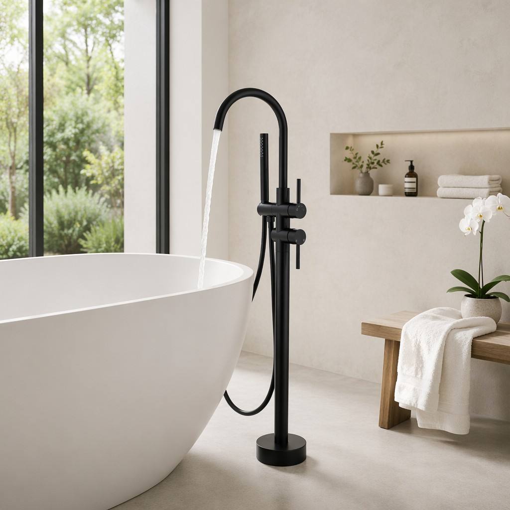 Matte Black Freestanding Tub Faucet, Floor Mounted Bathroom Faucet, Brass Single Handle with Hand Shower, High Flow 6 GPM
