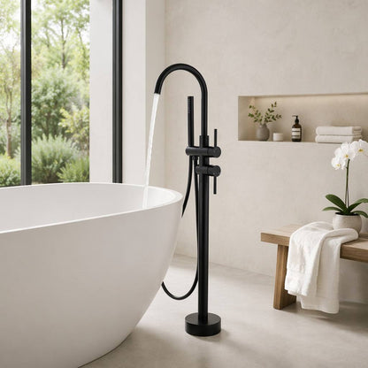 Matte Black Freestanding Tub Faucet, Floor Mounted Bathroom Faucet, Brass Single Handle with Hand Shower, High Flow 6 GPM