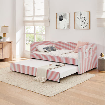 Twin‑Size Daybed, Gingham Upholstered 3‑in‑1 Versatile Convertible Sofa Bed with Pull‑Out Trundle & Side Storage Pockets, Ideal for Multiple Room Layouts and Small‑Space Living-Pink