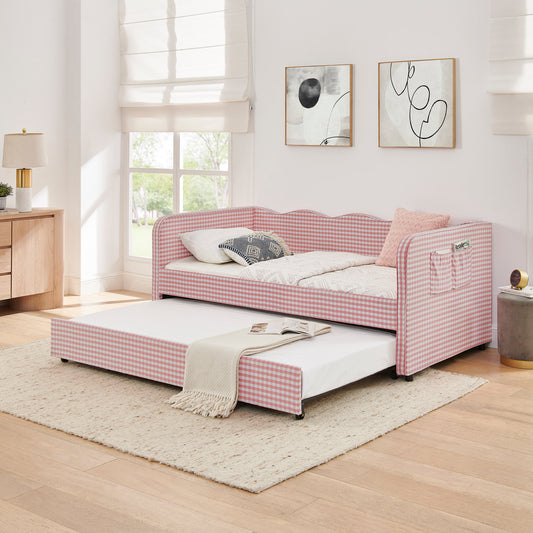 Twin‑Size Daybed, Gingham Upholstered 3‑in‑1 Versatile Convertible Sofa Bed with Pull‑Out Trundle & Side Storage Pockets, Ideal for Multiple Room Layouts and Small‑Space Living-Pink