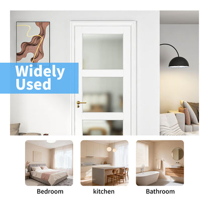 28" X 80"3-Lite Glass Door,Preassembled Frosted Glass French Door,MDF Wood Panel,for Utility Room Pantry Closet Laundry Room, Bathroom,w/o Hardware,White