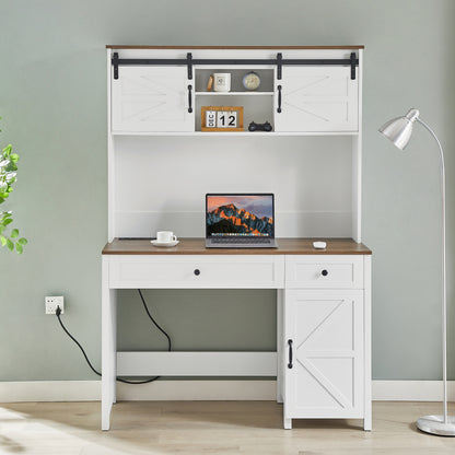 47' Farmhouse Executive Desk with Drawers, Wood Home Office Desk w/Charging Station, File Drawer, Storage Cabinet, Rustic Computer Writing Desk (Antique White)
