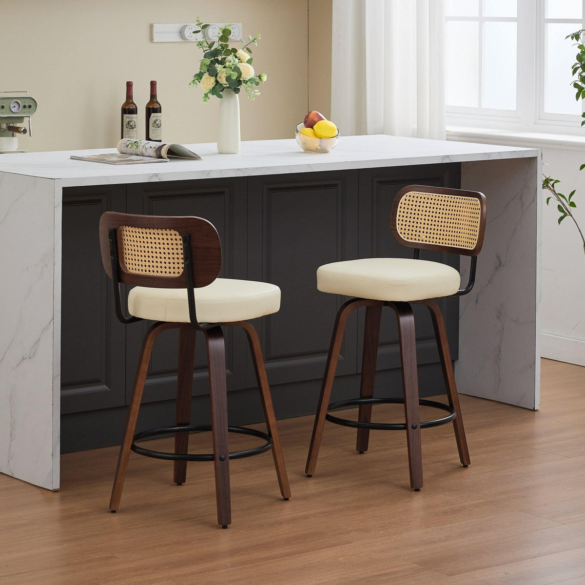 Set of 2 Counter Height Bar Stools - 26 inch Rattan Counter Height Stools with Cane Back, Upholstered Seat, Walnut Craftsmanship, Swivel Counter Stools for Island/Kitchen/Counter/Bar (Walnut /Beige)