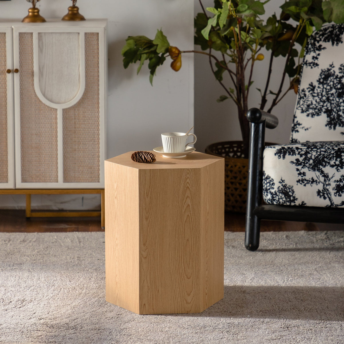 Hexagon MDF Coffee Table - Nature Wood Grain Sticker Side Table, Modern Fully Assembled End Table for Small Spaces (Living Room/Bedroom, 15.75"×13.58"×18.9")