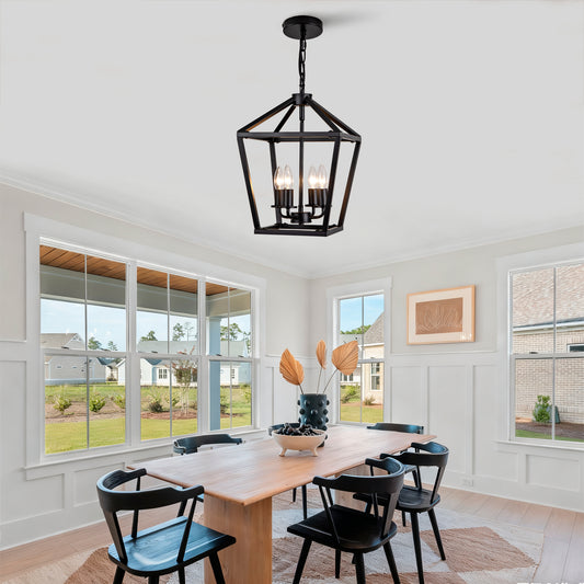 Farmhouse Lantern Chandelier 4-Light, Industrial Black Ceiling Light Fixture with Rustic Open Cage and Adjustable Hanging Height, E12 Base for Kitchen Island, Dining Room, Entryway, Foyer