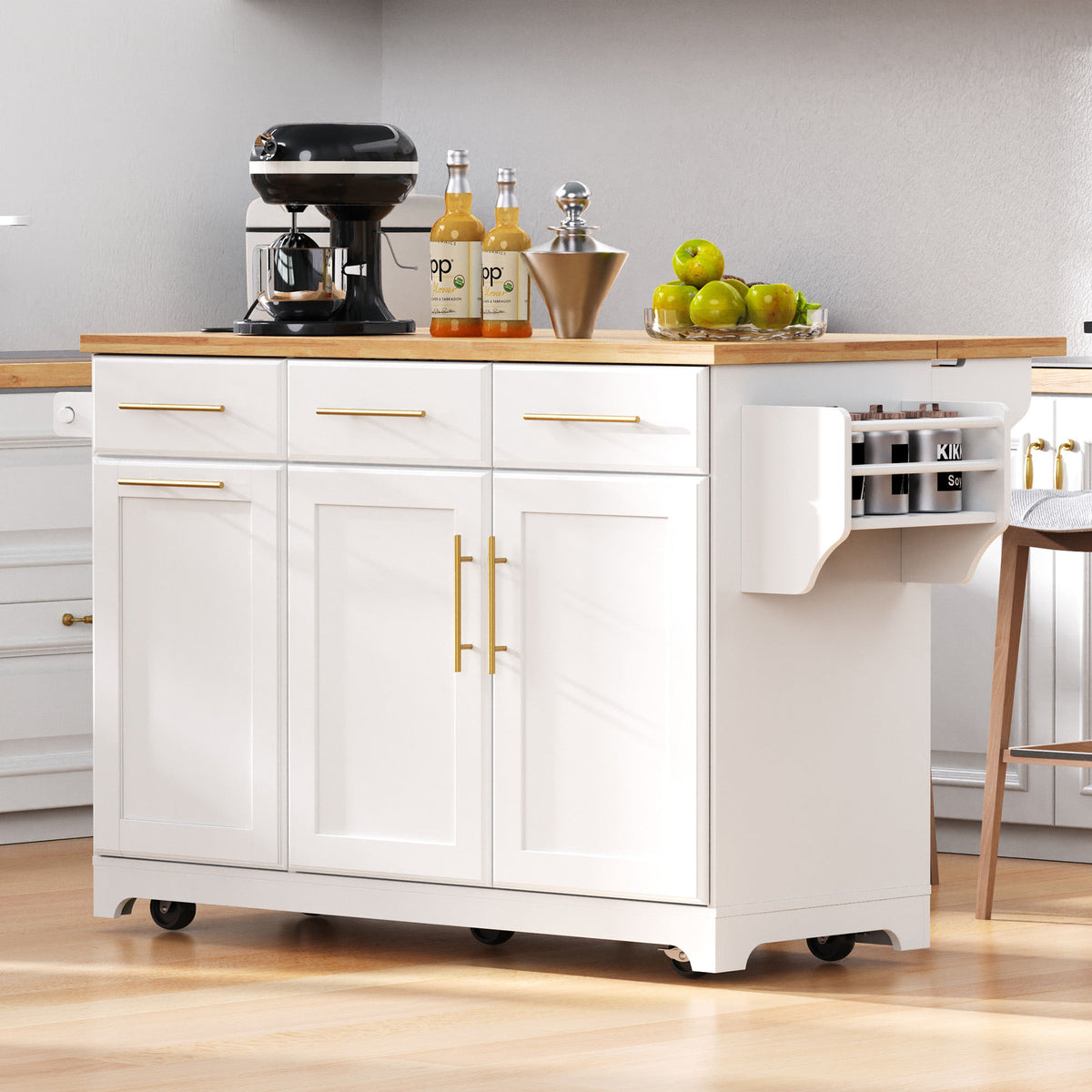 K&K 59.3" Kitchen Island with Storage 2 Pull Out Cabinet Organizers & Rubber Wood Drop Leaf, Rolling Kitchen Island with Trash Can Storage