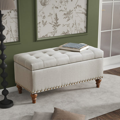 Ottoman storage bench, recessed support hinge top easy to open, rivet trim around, bedroom, entrance, living room, linen (Beige)