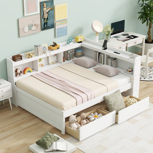 Full Size L-shaped Bookcases Bed with Power Outlets, USB Charging Ports,Two Drawers,Whtie