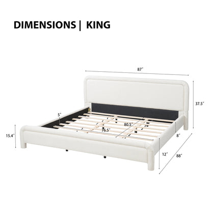 Modern White Boucle Upholstered King Size Platform Bed Frame with Curved Headboard, Wood Slats Support, No Box Spring Needed, Easy Assembly