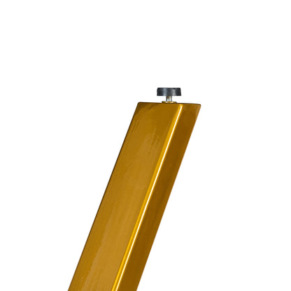 Rectangular dining table featuring a tempered glass tabletop with a marble-patterned design and golden metal legs, ideal for restaurant dining settings.