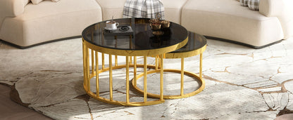 Round Nesting Coffee Table Set of 2, Modern Gold Metal Frame Circular Cocktail Table, Tempered Glass Top Accent Nesting Tables for Living Room, Apartment
